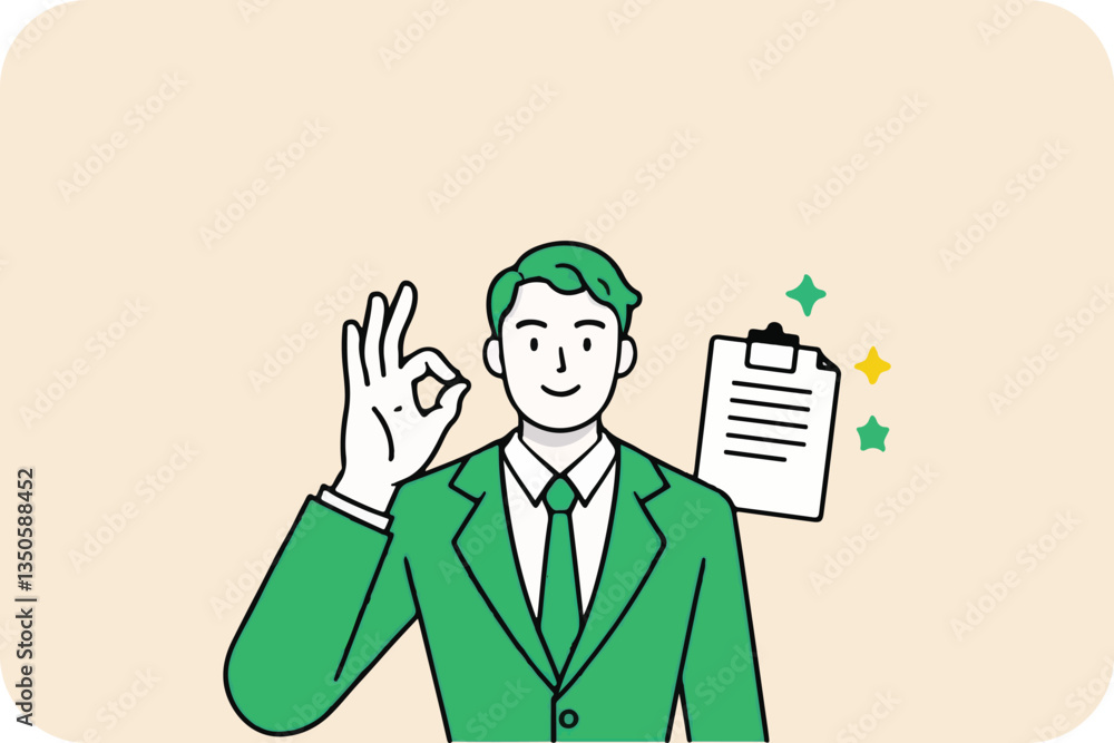 Confident businessman in a green suit giving a thumbs-up gesture, symbolizing approval and success Confident businessman in a green suit giving a thumbs-up gesture, symbolizing approval and success