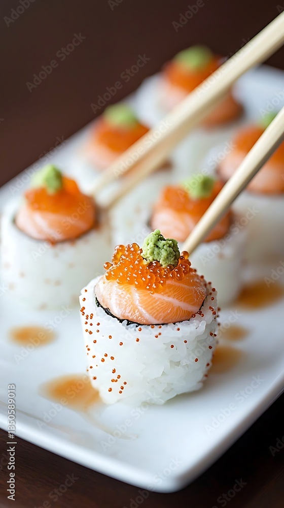 Sushi Salmon Rolls for Chopsticks, Closeup. Sushi Salmon Rolls for Chopsticks, Closeup.