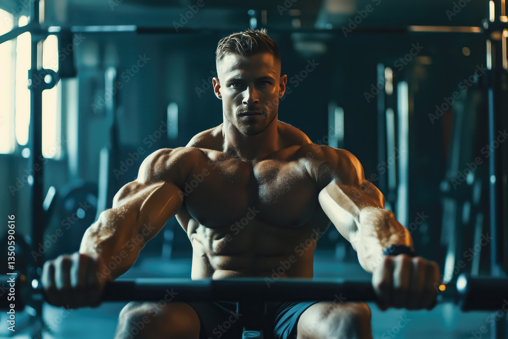 A muscular male model working out in the gym using a machine. The concept of strength, fitness, and body sculpting. Generative AI. A muscular male model working out in the gym using a machine. The concept of strength, fitness, and body sculpting. Generative AI.
