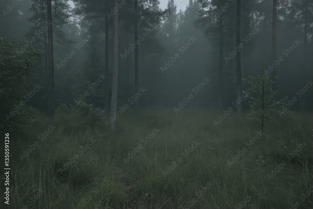 Obraz premium Misty forest scene. Lush, dense woods shrouded in a thick fog. Tall trees and low-lying greenery form a mysterious atmosphere