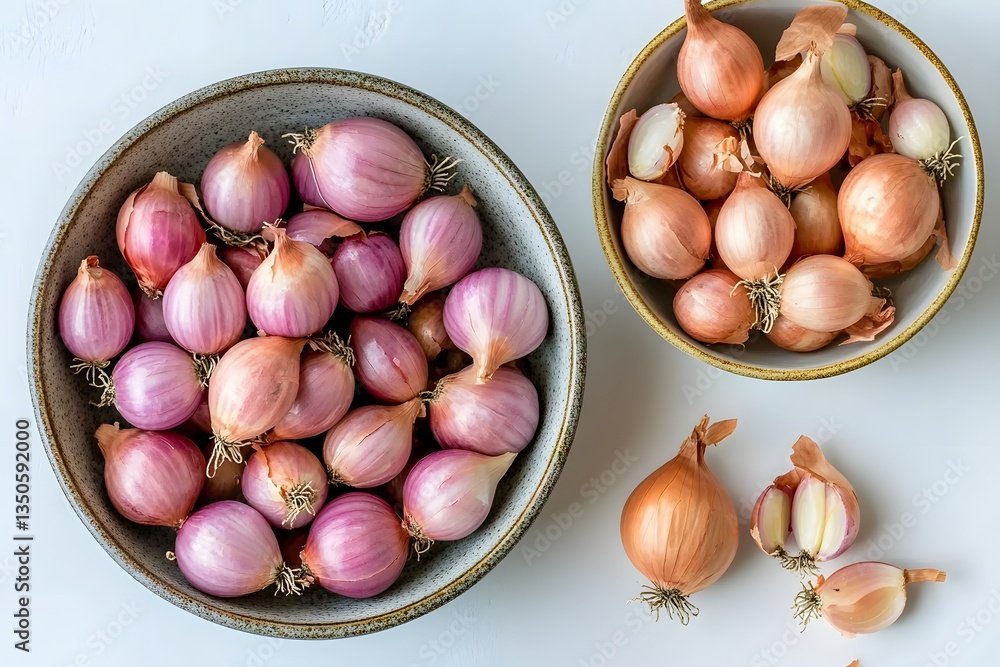 Obraz premium Fresh Red and Brown Shallot Bulbs in Bowls Overhead Shot