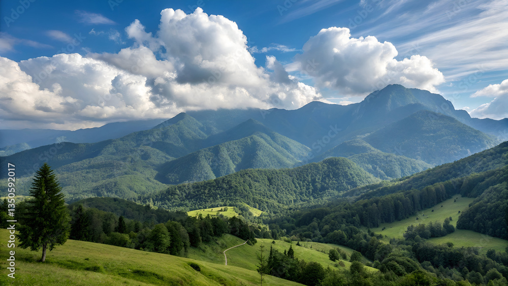 Naklejka premium Tranquil Valley Amidst Majestic Peaks