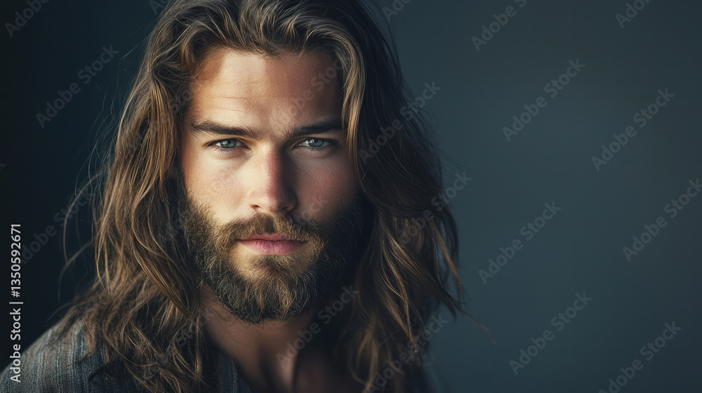 An attractive man with long hair and beard, wearing casual attire An attractive man with long hair and beard, wearing casual attire