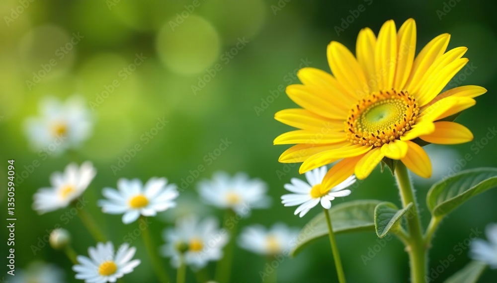 Obraz premium One bright yellow sunflower among white daisies, visual, bloom