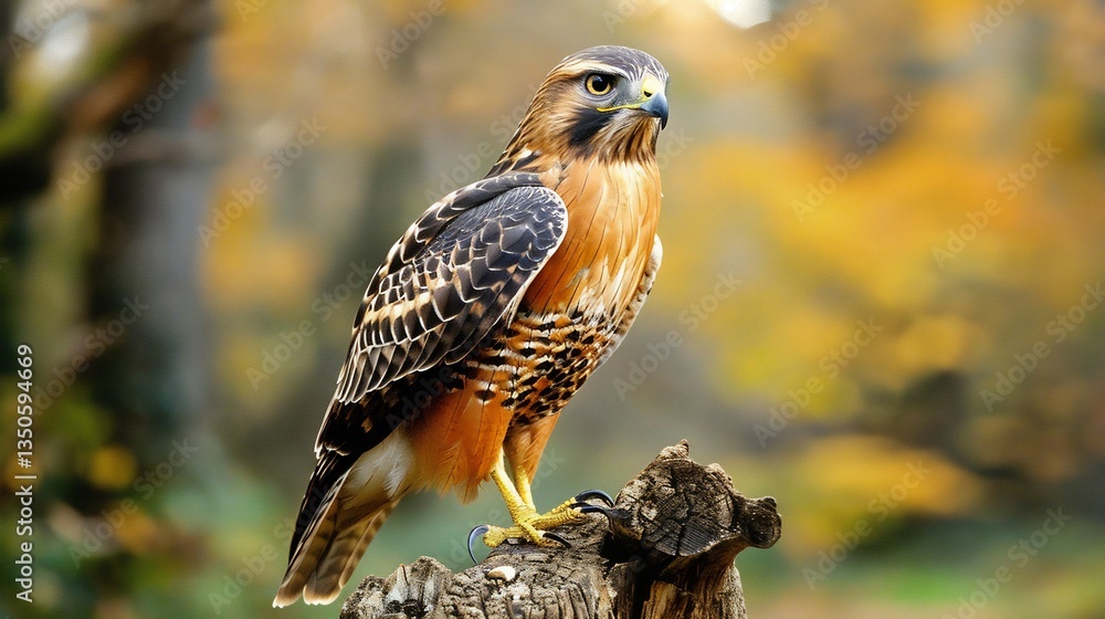 Red shouldered hawk perched a fence post sharp hooked beak powerful talons gripping wood soft warm lighting Red shouldered hawk perched a fence post sharp hooked beak powerful talons gripping wood soft warm lighting