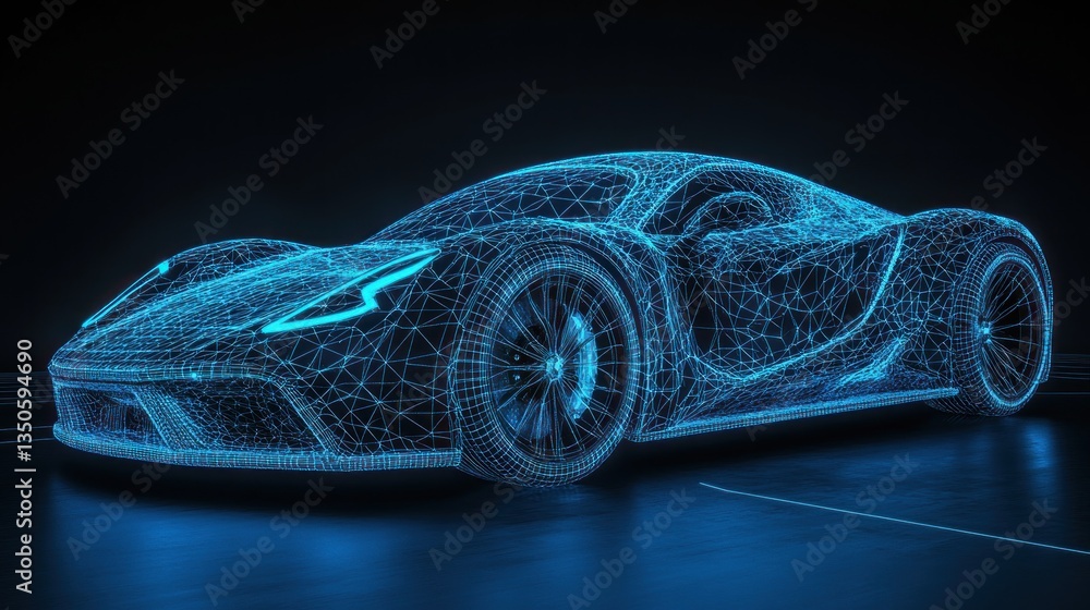 Naklejka premium Futuristic Car Wireframe, Dark Studio, Glow