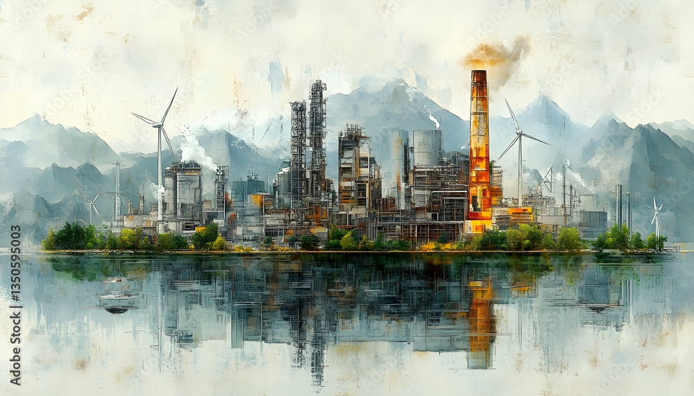 Naklejka premium Industrial complex by water, mountains, wind turbines; reflection; watercolor style