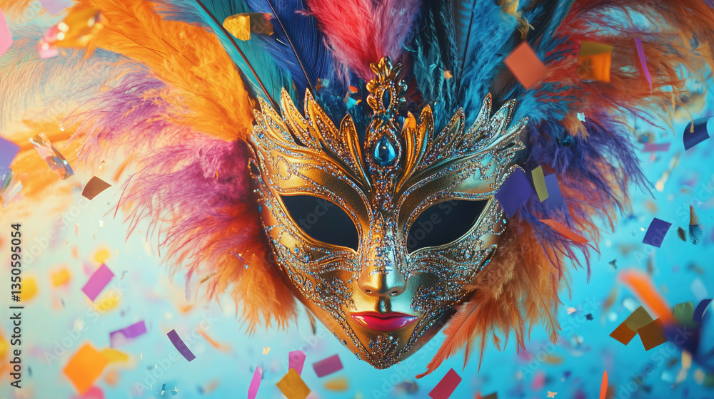 Carnival Masks Adorned with Feathers, Vibrant Background Turquoise, Lavender, and Orange, with Confetti Scattered Across the Scene, Copy Space for Text and Bright, Lively Atmosphere Carnival Masks Adorned with Feathers, Vibrant Background Turquoise, Lavender, and Orange, with Confetti Scattered Across the Scene, Copy Space for Text and Bright, Lively Atmosphere