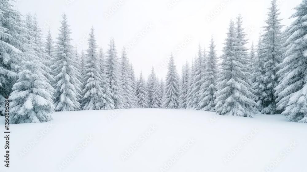 Naklejka premium Snowy pine forest. A pristine winter wonderland, frosted trees stand tall in a vast expanse of snow
