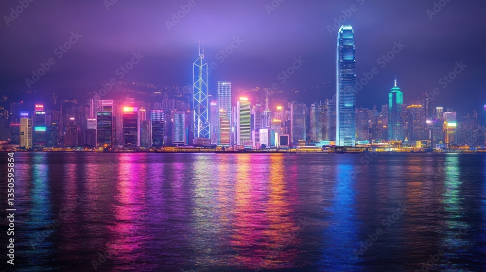 Fototapeta premium Hong Kong Skyline Night, City Lights Reflecting on Water