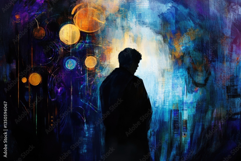 Fototapeta premium Silhouette of a man standing before an abstract, colorful, futuristic cityscape.