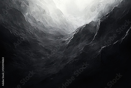 A grayscale abstract painting depicting a dark, textured mountainous landscape with a bright opening.