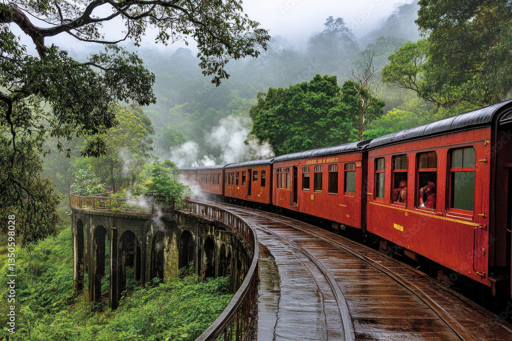 Obraz premium A vintage steam train with red passenger cars and black roofs, traveling through a lush forest on a curved, wet track, with steam rising, trees, and a bridge in the background