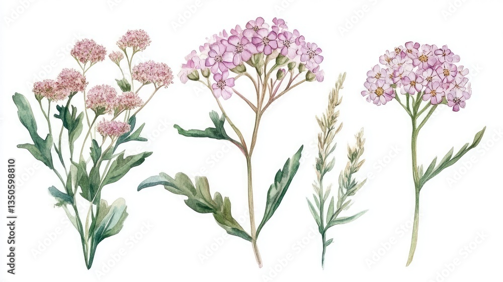 Obraz premium A vibrant watercolor illustration of various flowering plants showcasing delicate petals and lush green leaves