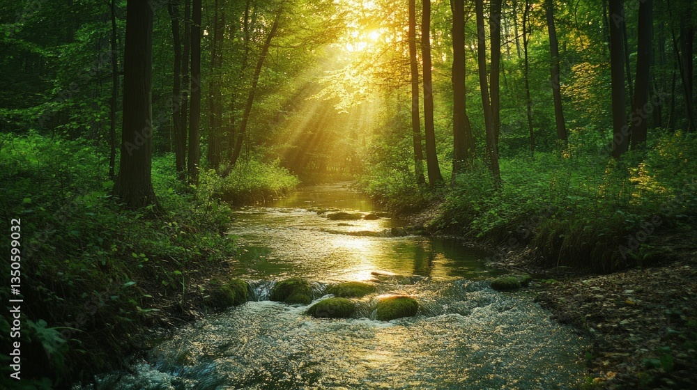 Naklejka premium Serene Brook Meandering Through Lush Green Forest at Sunrise