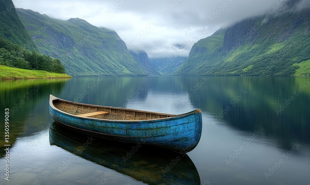 Obraz premium Blue canoe floating on a calm lake with mountains in the distance, greenery, and a cloudy sky