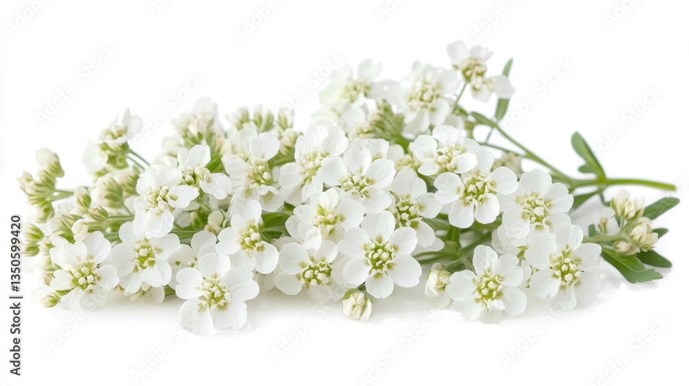 Fototapeta premium A close-up view of delicate white flowers with green leaves, showcasing their intricate details against a white background