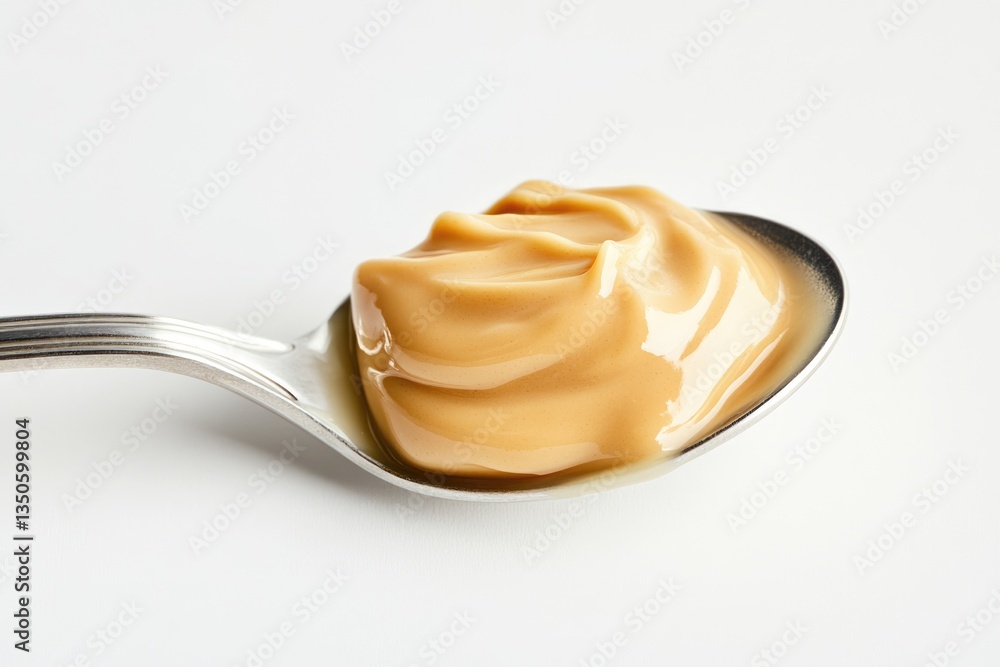 A spoonful of creamy, light brown peanut butter, smooth and rich texture. A spoonful of creamy, light brown peanut butter, smooth and rich texture.