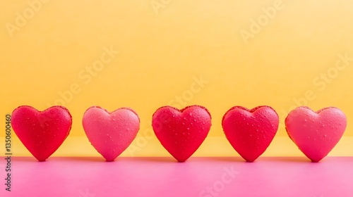 Five Heart-Shaped Macarons on Yellow and Pink Background