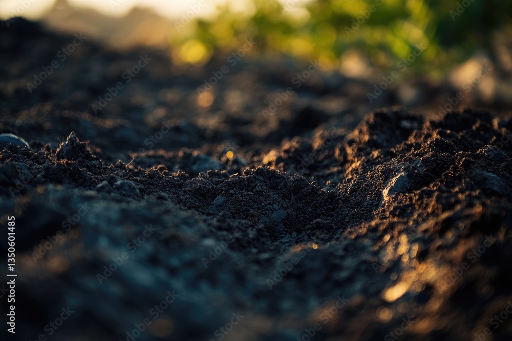 Close-up view of dark, textured soil illuminated by warm sunlight, hinting at fertile earth and potential growth. Close-up view of dark, textured soil illuminated by warm sunlight, hinting at fertile earth and potential growth.
