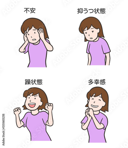 情緒不安定の女性、感情の変化、不安、抑うつ、躁、多幸感