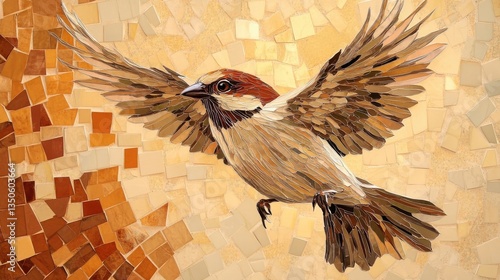 A Colorful Mosaic Depiction of a Bird in Flight