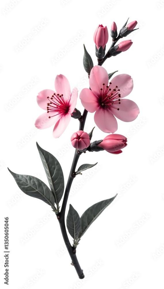 Fototapeta premium Single branch with flowers and leaves isolated on white background, monochromatic, isolated flowers