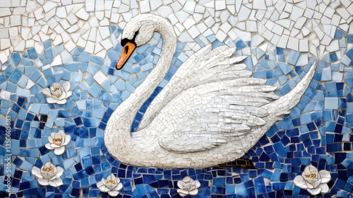 Fototapeta Naklejka Na Ścianę i Meble -  Beautiful mosaic of a white swan swimming in a blue pond