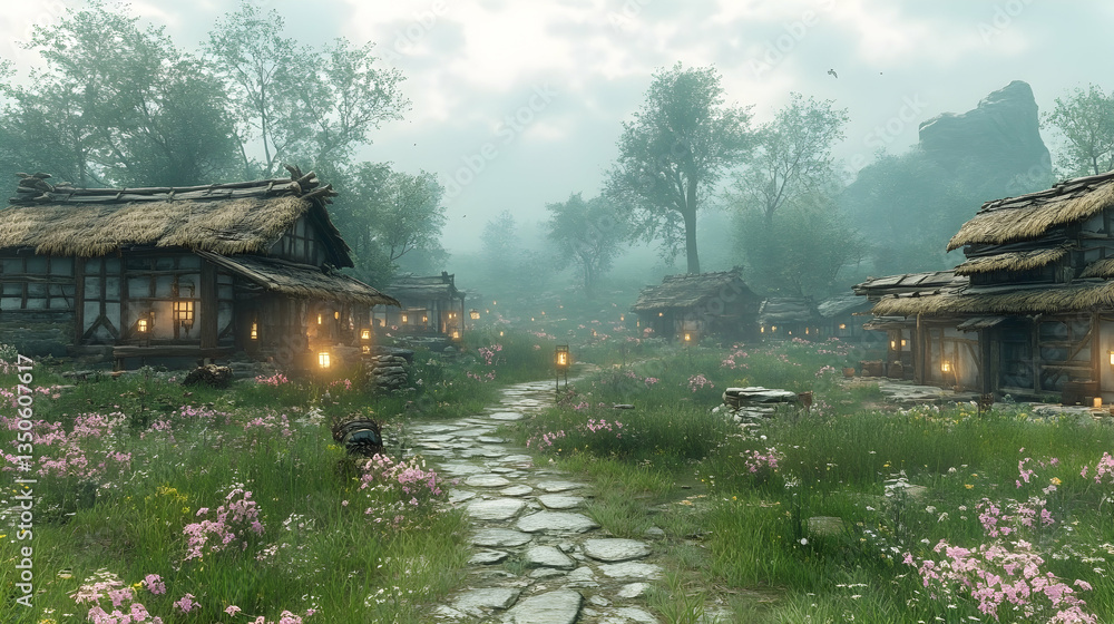 Obraz premium Misty village path winds through flowering meadows, past quaint houses with warm lights glowing