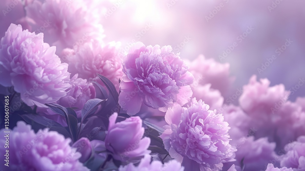 Fototapeta premium Lush blooming peonies in soft pastel hues under gentle sunlight, creating a serene garden atmosphere
