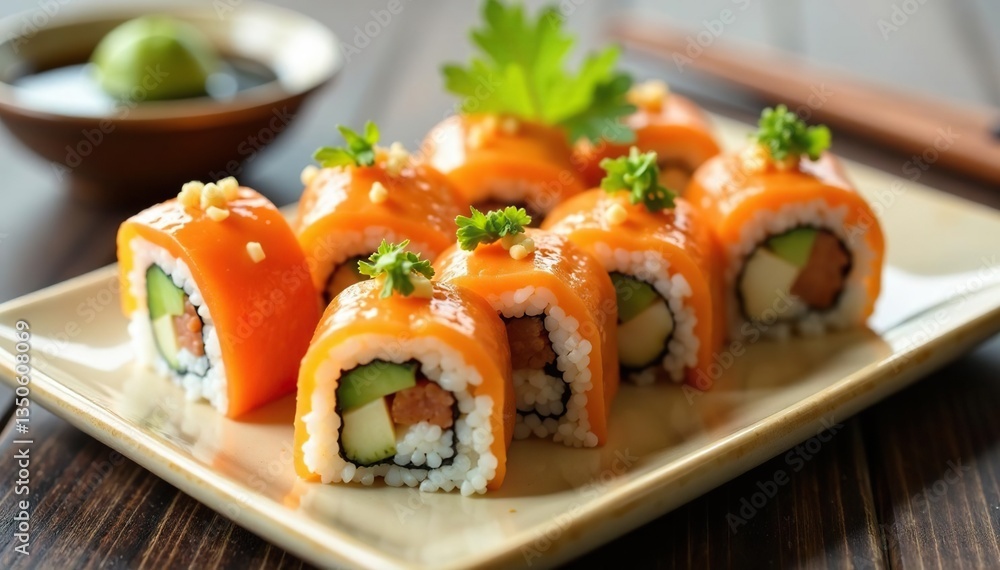 Various sushi rolls, soy sauce, wasabi, ginger , sushi, plate Various sushi rolls, soy sauce, wasabi, ginger , sushi, plate