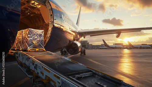 Open Cargo Bay – A close-up shot of an aircraft cargo door open, revealing shipments inside.  Generative AI.