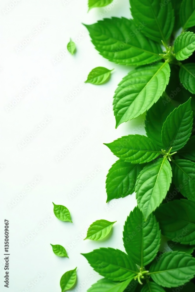 dense green leaves scattered on a crisp white surface, isolated, organic dense green leaves scattered on a crisp white surface, isolated, organic