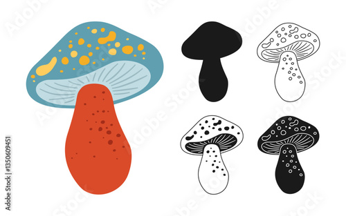 Mushroom hand drawn wild symbol or icon set. Detailed botanical vintage silhouette or doodle vector illustration ideal for packaging, branding, pattern, background poster. Isolated on white background