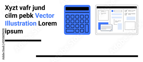 Blue calculator next to a website design layout showcasing collaboration, tools, and technology. Ideal for education, finance, business, technology, UI design, development simple landing page