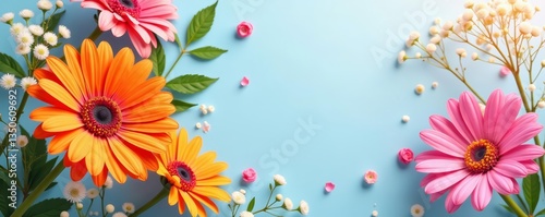 Cheerful birthday card featuring colorful gerbera daisies and dainty baby's breath, greenery, birthday