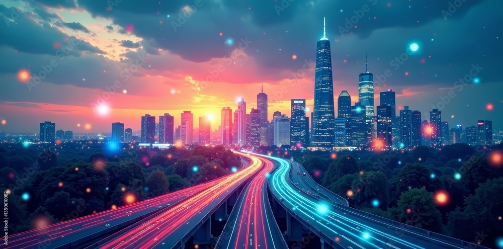 Fototapeta premium City skyline with transportation network and navigation symbols, streets, route, GPS