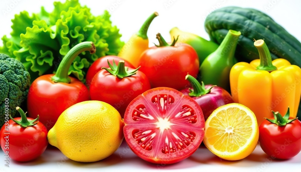 Variety of organic fruits & vegetables isolated, natural, vibrant Variety of organic fruits & vegetables isolated, natural, vibrant