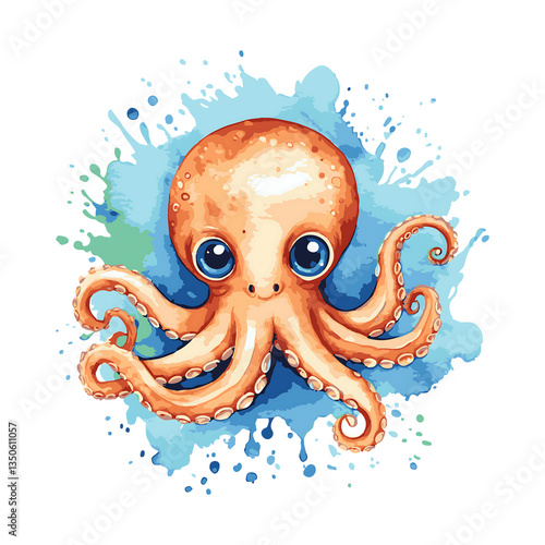 A watercolor illustration of a cute octopus