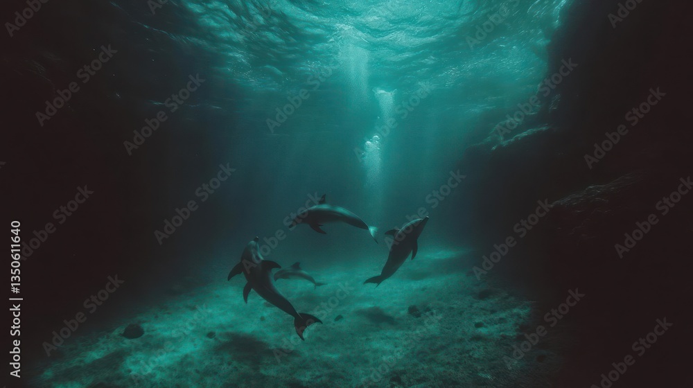 Fototapeta premium Three Dolphins Swimming in Dark Teal Ocean Sunlight