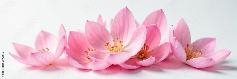 Delicate flower petals unfolding on a white surface, isolated, botanical, bloom Delicate flower petals unfolding on a white surface, isolated, botanical, bloom