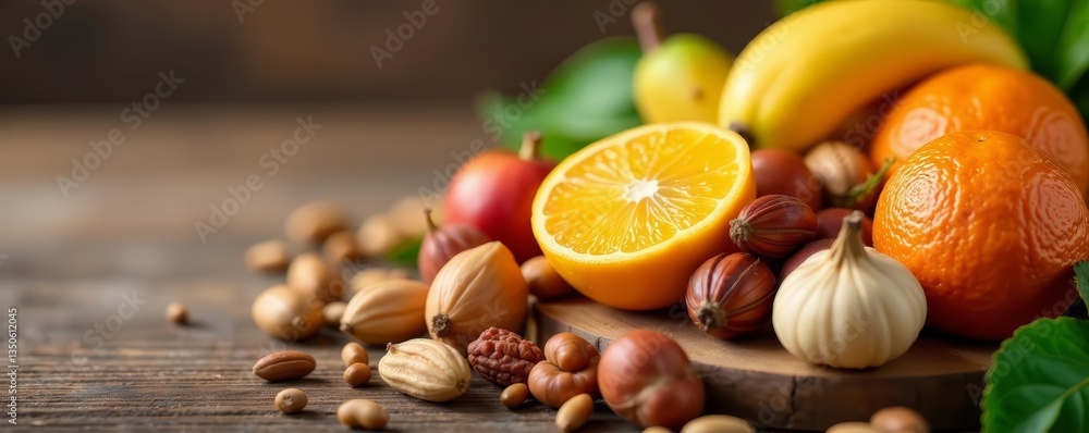 Close-up of a variety of fresh organic nuts and fruits on a rustic wooden table, organic, variety Close-up of a variety of fresh organic nuts and fruits on a rustic wooden table, organic, variety
