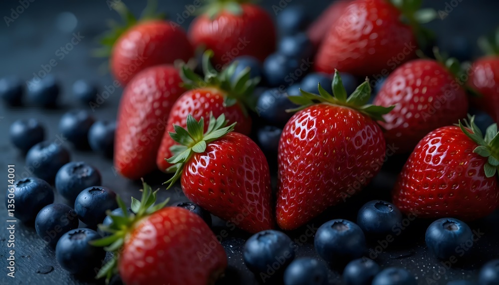 Close up macro of wild berry mix - strawberries and blueberries Close up macro of wild berry mix - strawberries and blueberries