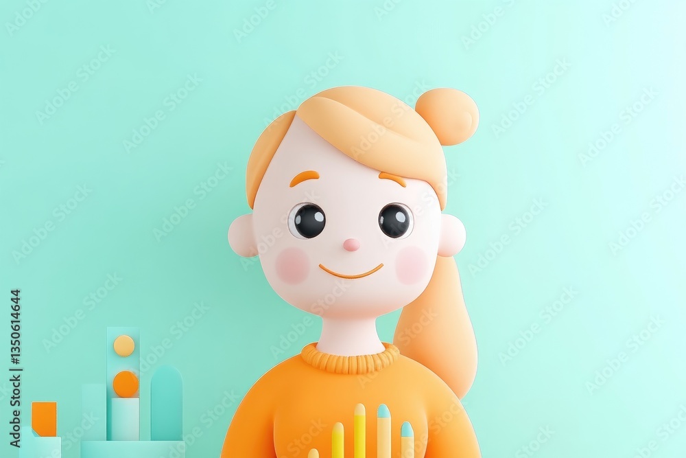 Smiling girl with crayons. Cute 3D character Smiling girl with crayons. Cute 3D character