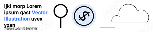 Cloud shape, magnifying glass, and dollar coin icon in simple graphic style. Ideal for finance, technology, data search, cloud services, economy, minimal design simple landing page
