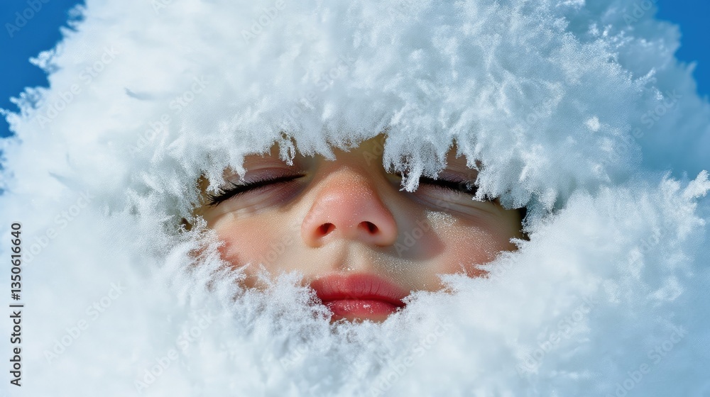 Child in winter attire, eyes closed, serene expression. Close-up of a young child wearing a thick white, fluffy, insulated head covering Child in winter attire, eyes closed, serene expression. Close-up of a young child wearing a thick white, fluffy, insulated head covering