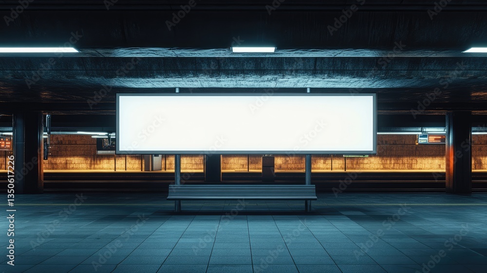 Empty subway station with a blank billboard, dim lighting, and distant train platform, evoking anticipation Empty subway station with a blank billboard, dim lighting, and distant train platform, evoking anticipation