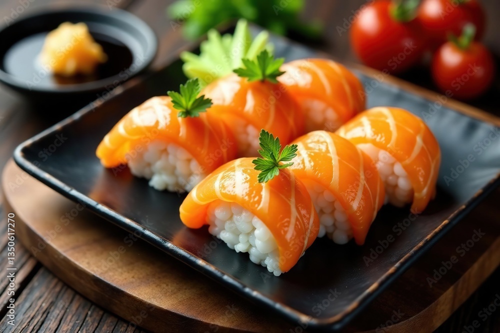 Colorful sushi platter, soy sauce, wasabi, ginger , dish, healthy Colorful sushi platter, soy sauce, wasabi, ginger , dish, healthy