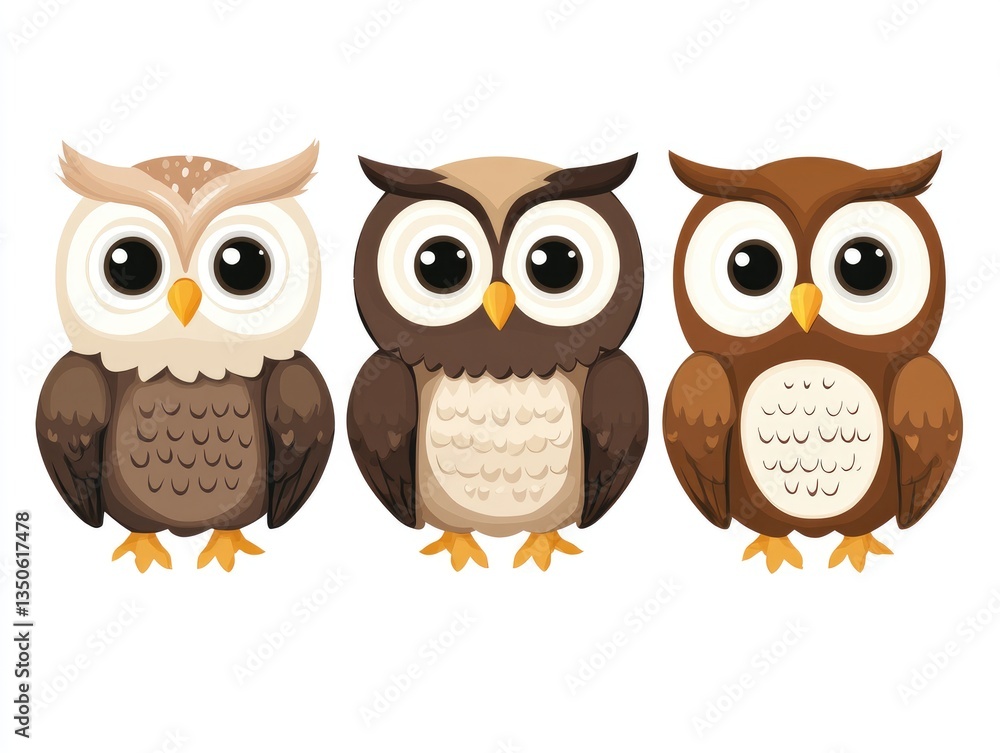 Fototapeta premium Cute owls in a row on white background