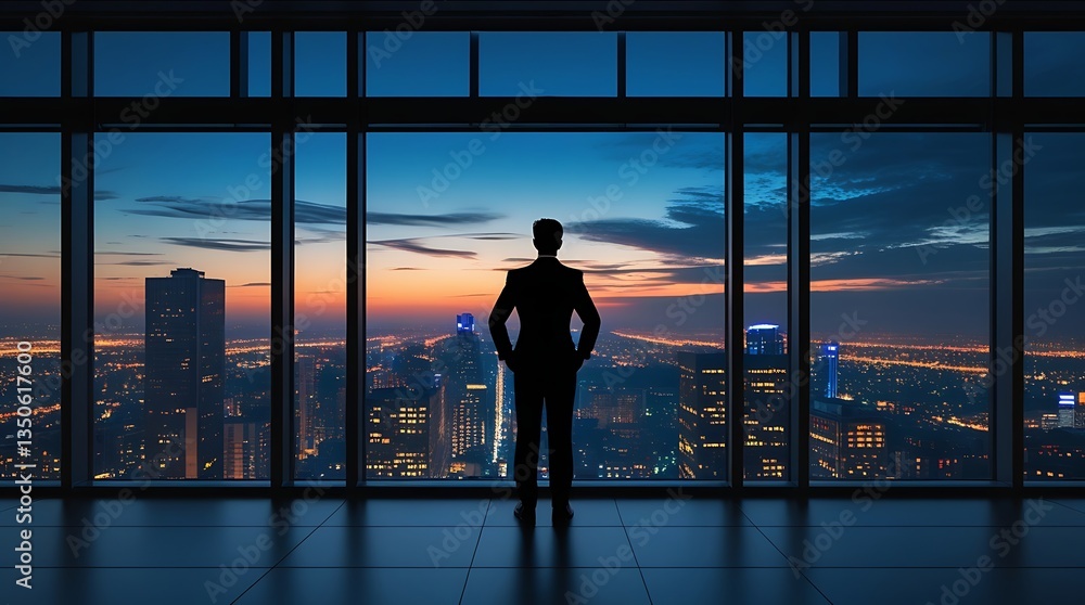 Confident businessman in a suit standing in front of a panoramic window overlooking a futuristic city skyline at sunset, symbolizing leadership, success, and ambition
Confident businessman in a suit standing in front of a panoramic window overlooking a futuristic city skyline at sunset, symbolizing leadership, success, and ambition